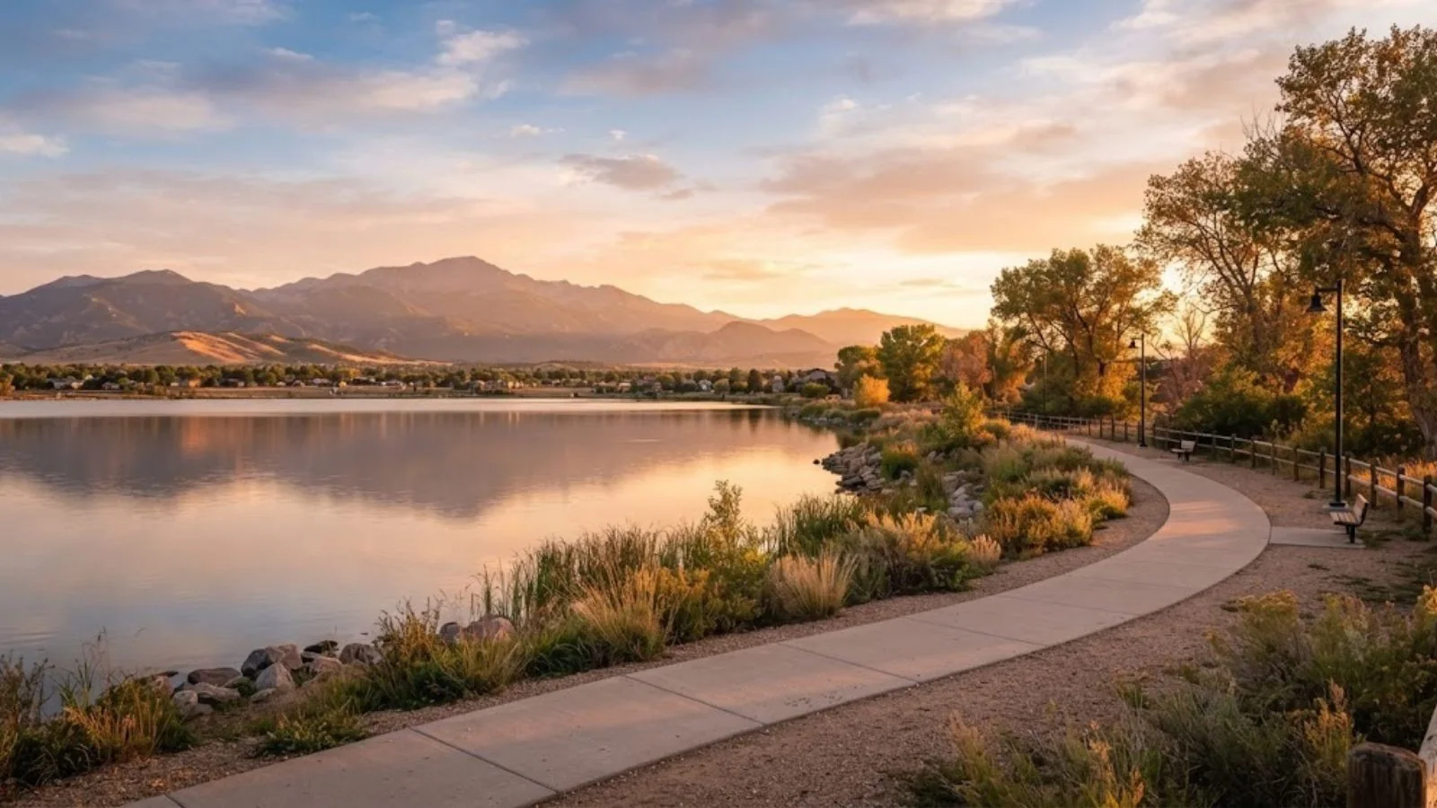 Lake and curved walking path at sunset with mountains in the distance