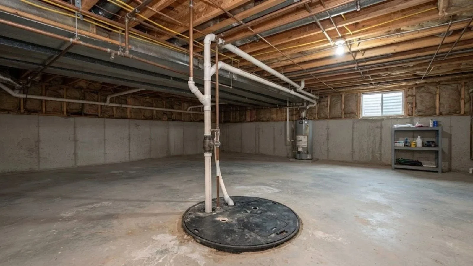 Unfinished basement with exposed pipes and a sump pit cover