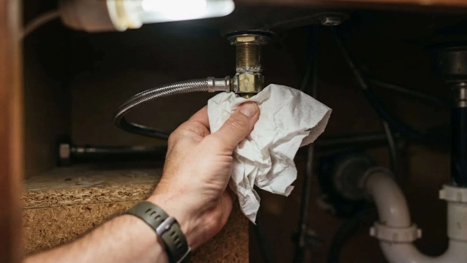 Hand holding a paper towel against a sink supply connection