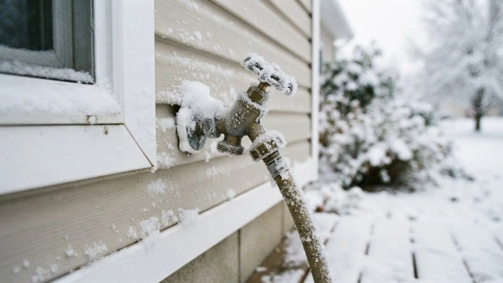 Frost-covered outdoor hose bib with snow behind it