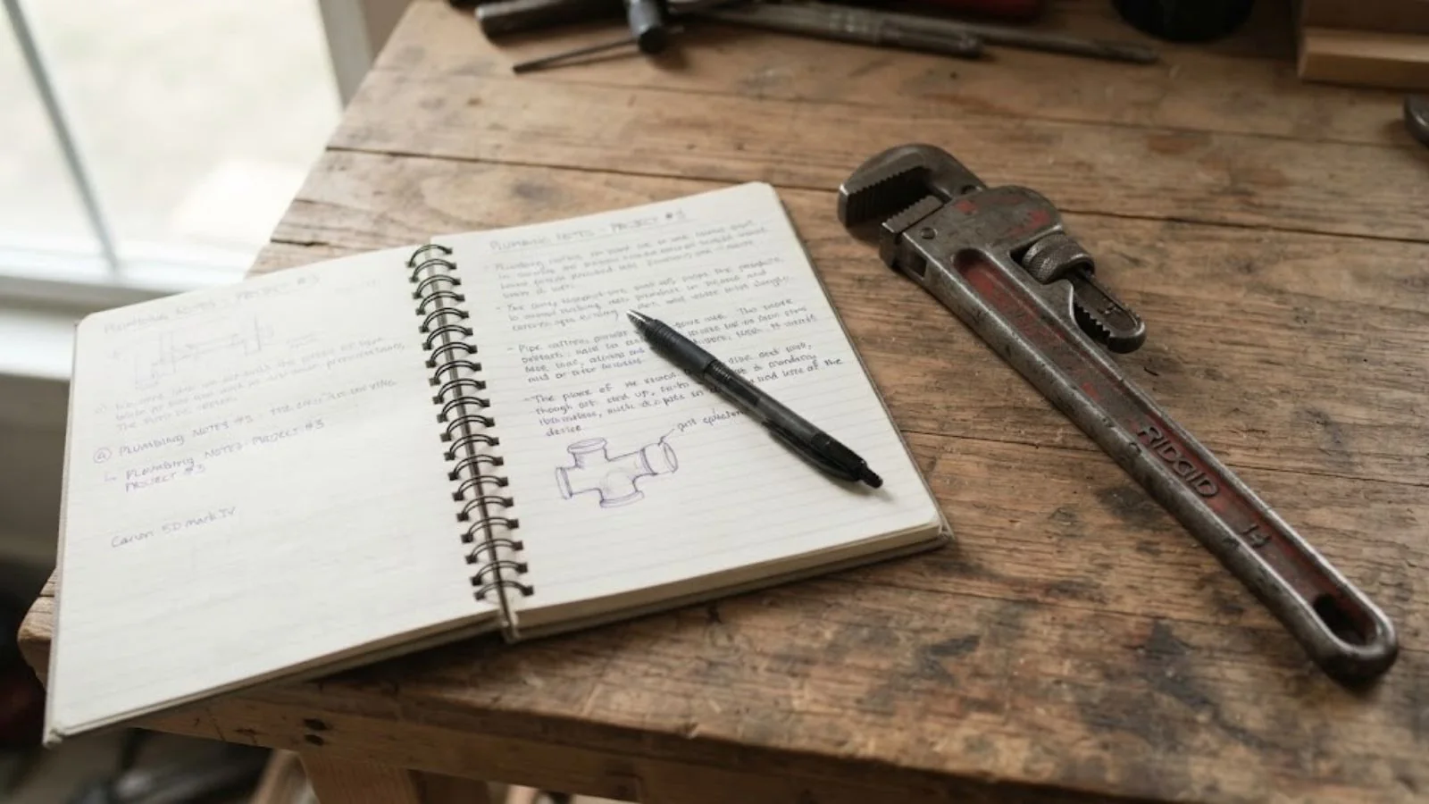 Open notebook and pen beside a pipe wrench on a wooden table