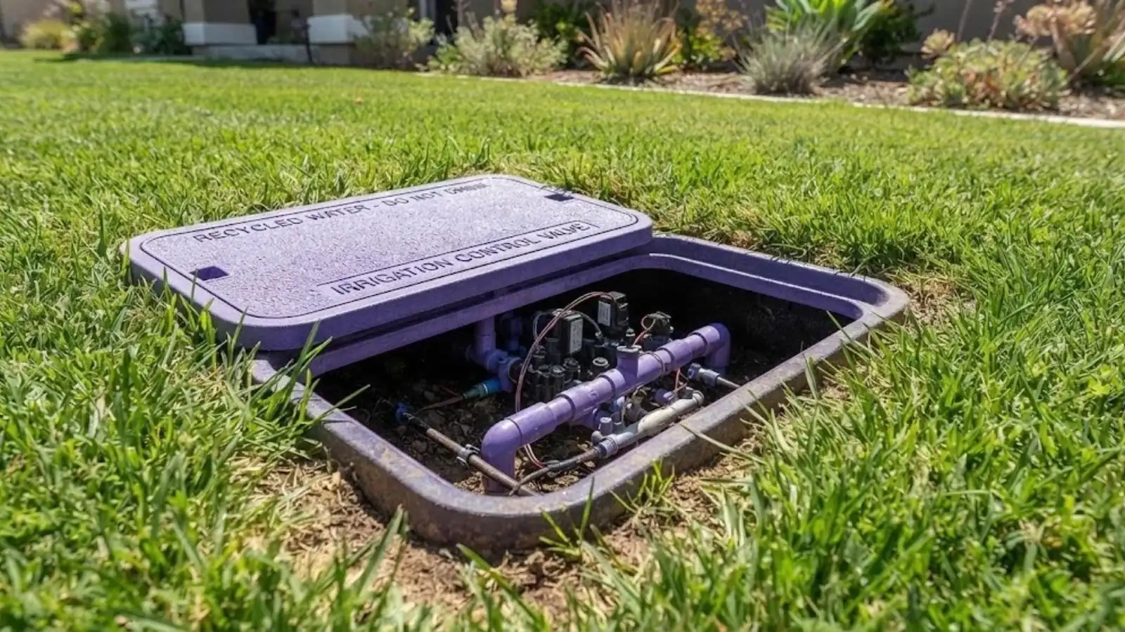Purple-lidded irrigation valve box open in a lawn
