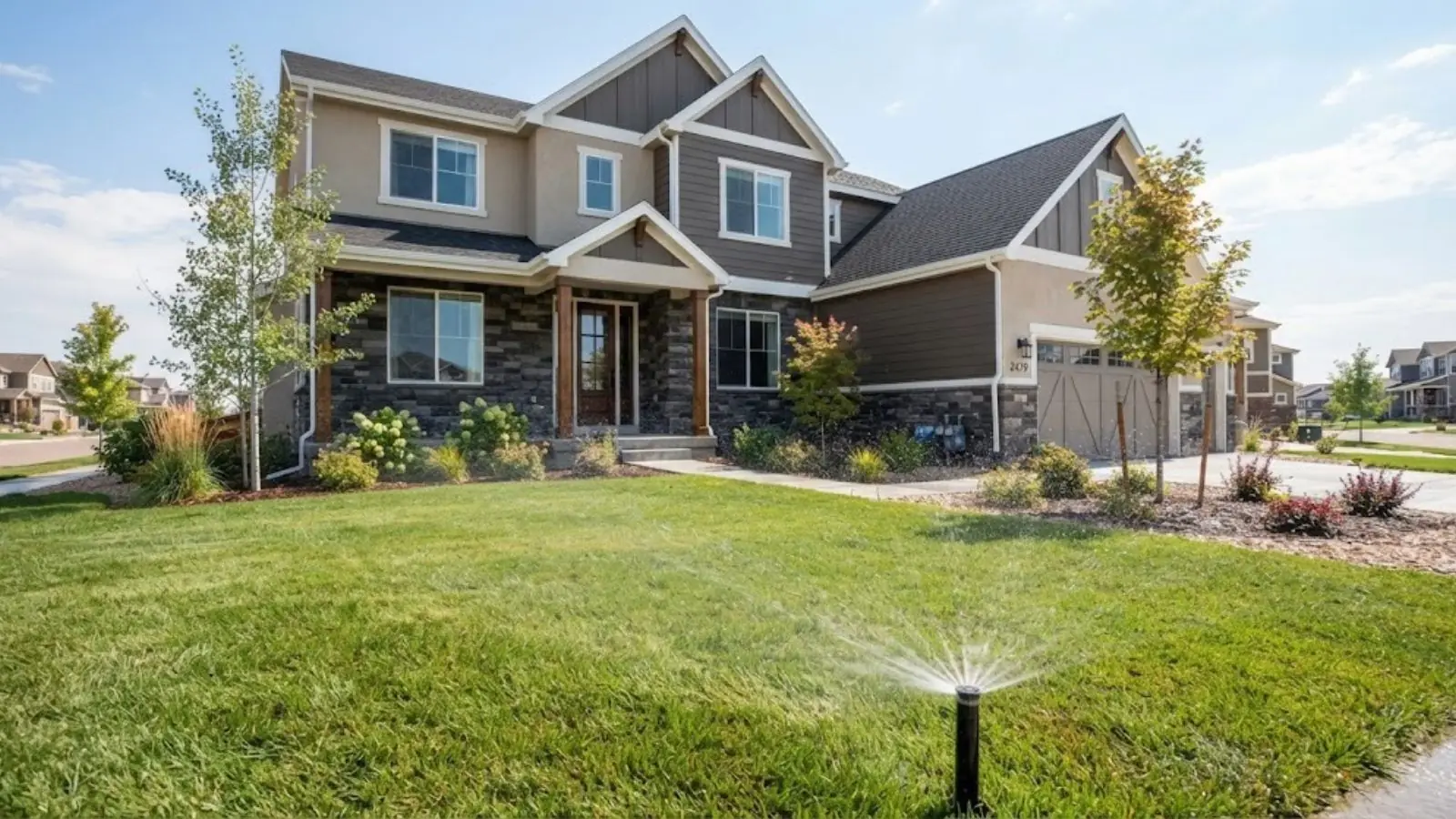 Two-story home with a sprinkler head spraying the front lawn
