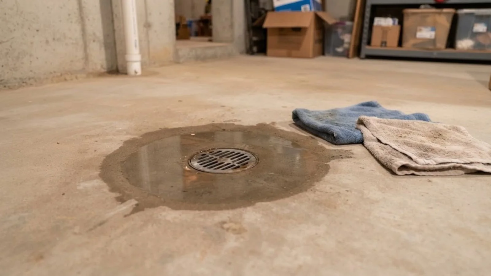 Floor drain with a pool of water and towels on a basement floor