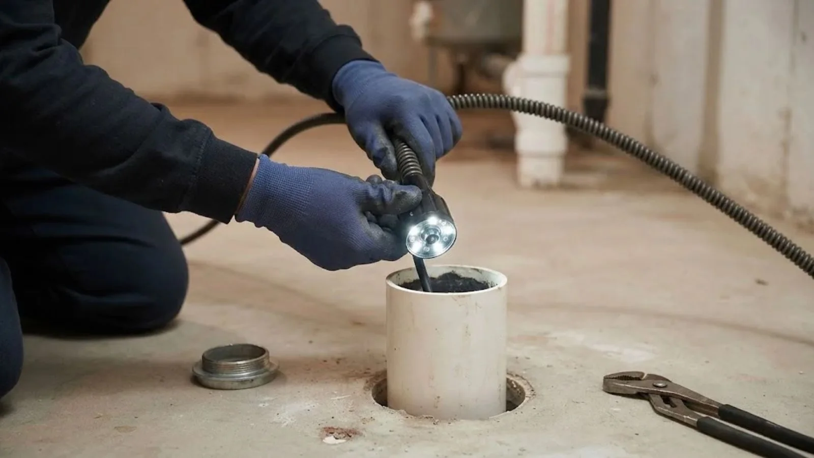 Technician feeding a camera cable into a white cleanout pipe