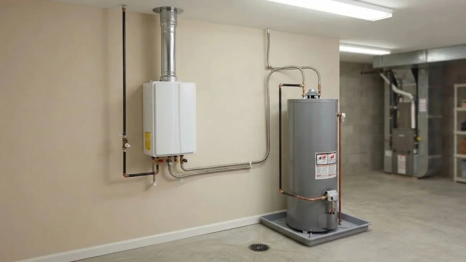 Wall-mounted tankless heater beside a tank water heater
