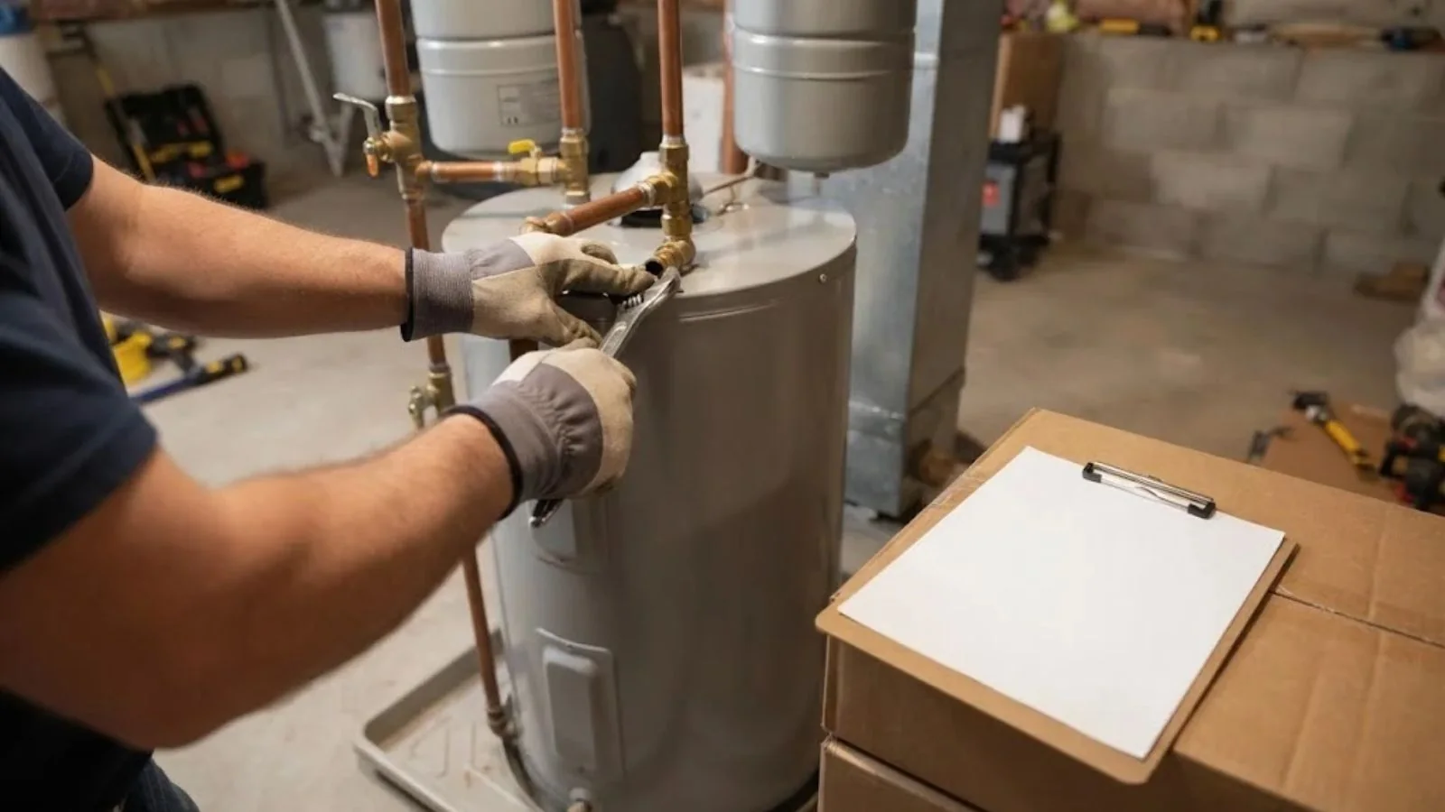Technician installing a water heater with a clipboard on a box nearby