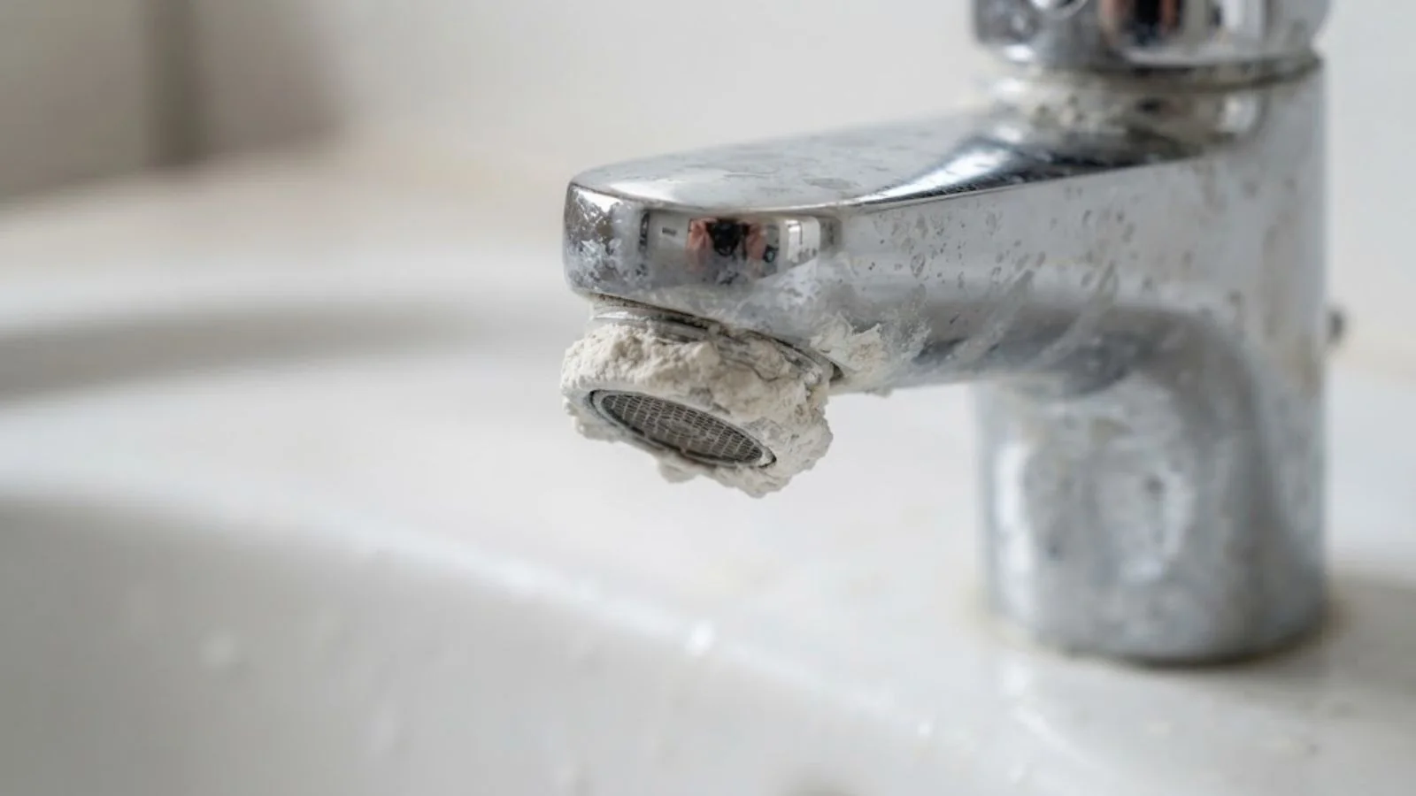 Limescale buildup on a chrome faucet aerator