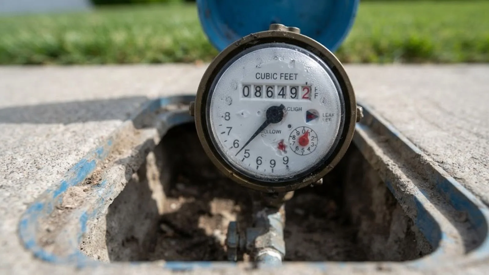 Water meter register showing cubic feet inside a meter box