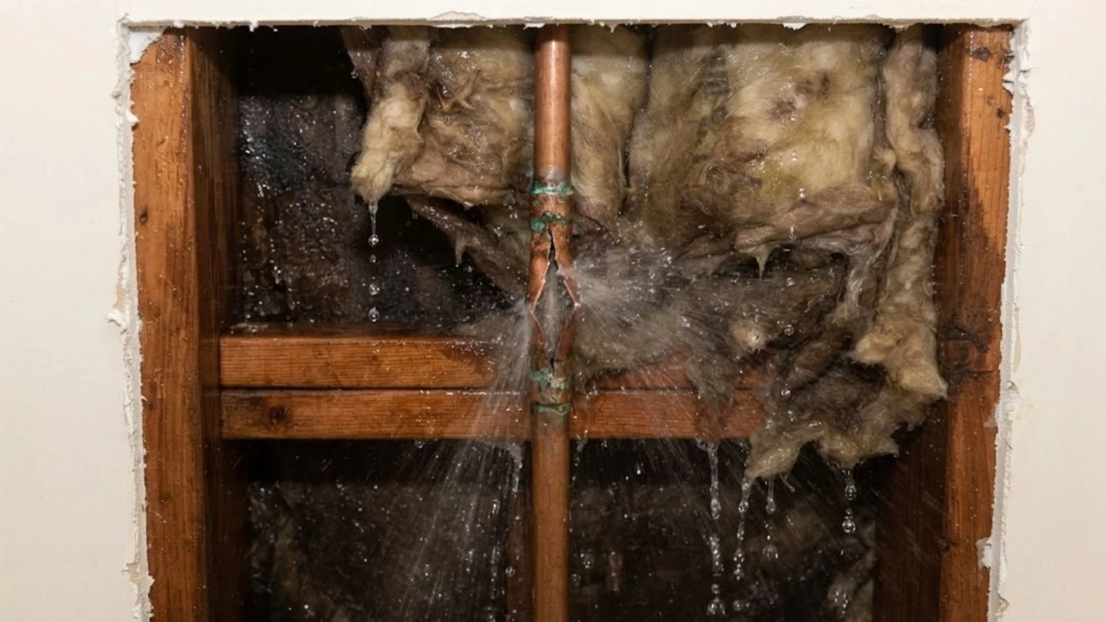 Burst pipe spraying water inside an opened wall with wet insulation