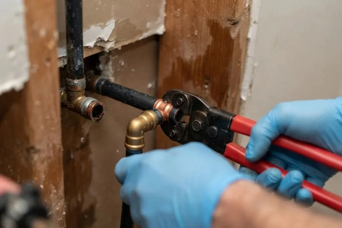 Gloved hands crimping a pipe fitting in an open wall