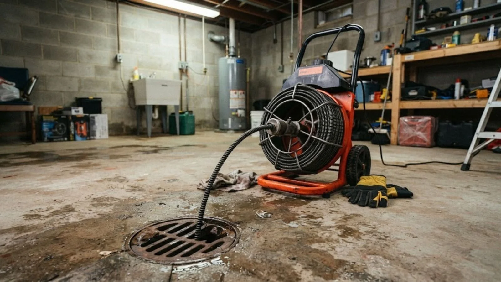Drain cable machine standing beside a basement floor drain