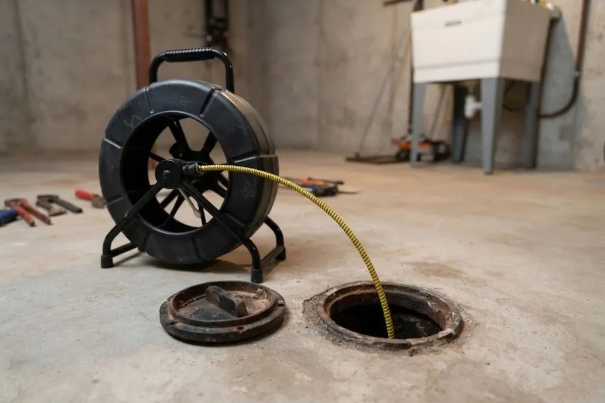 Drain camera reel next to an open cleanout in a basement floor