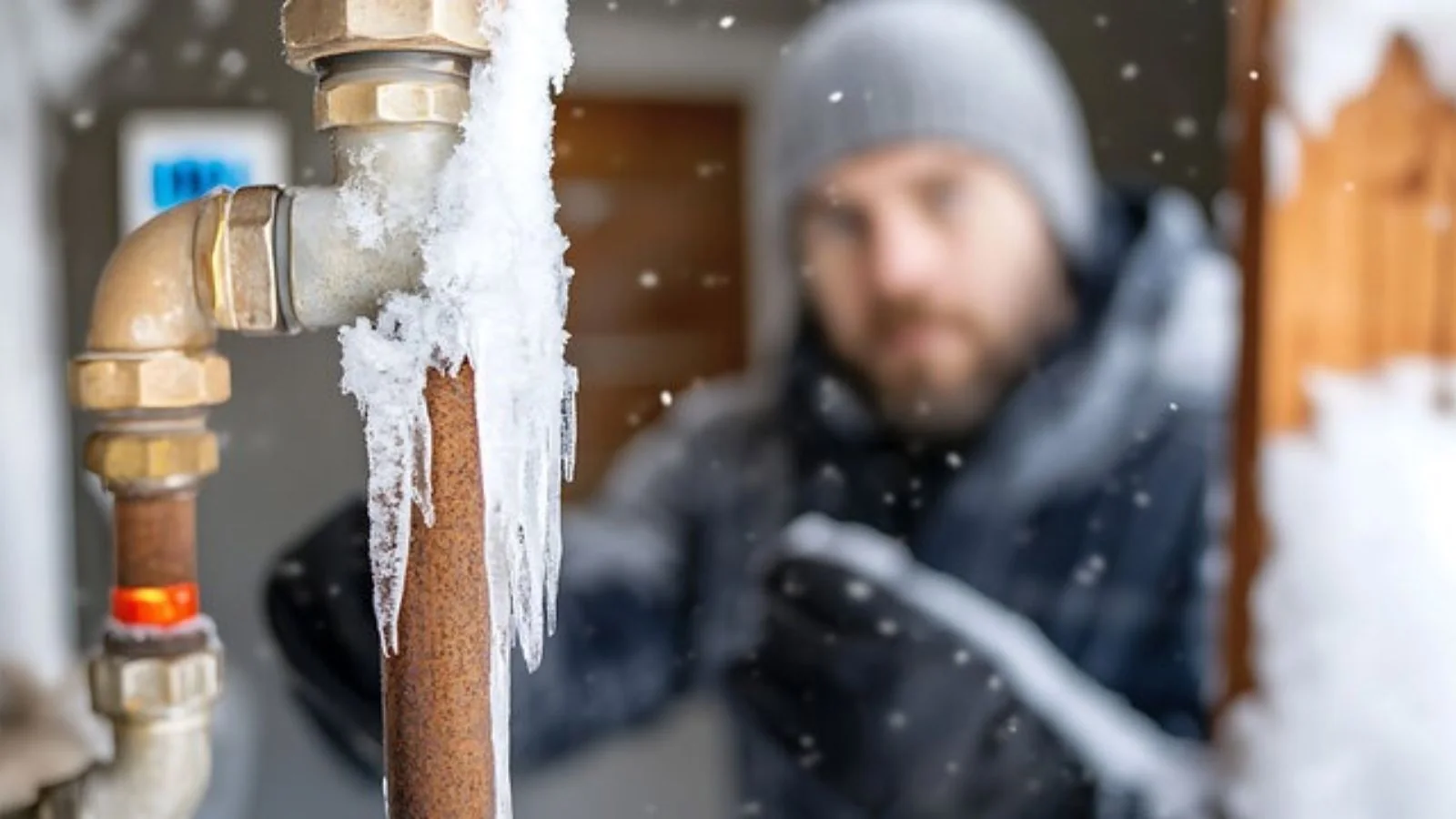 Heavy ice forming on a copper pipe in an unheated space