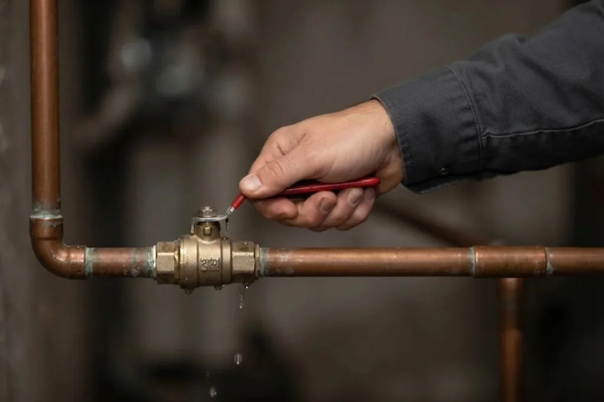 Hand turning the red handle of a brass ball valve on a copper water line