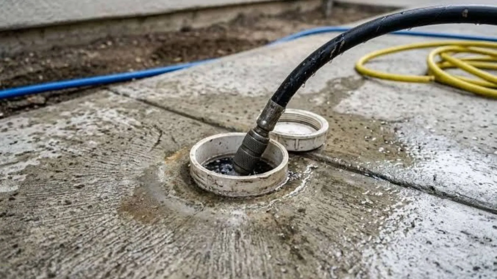 Jetting hose feeding into a sewer cleanout in a concrete slab