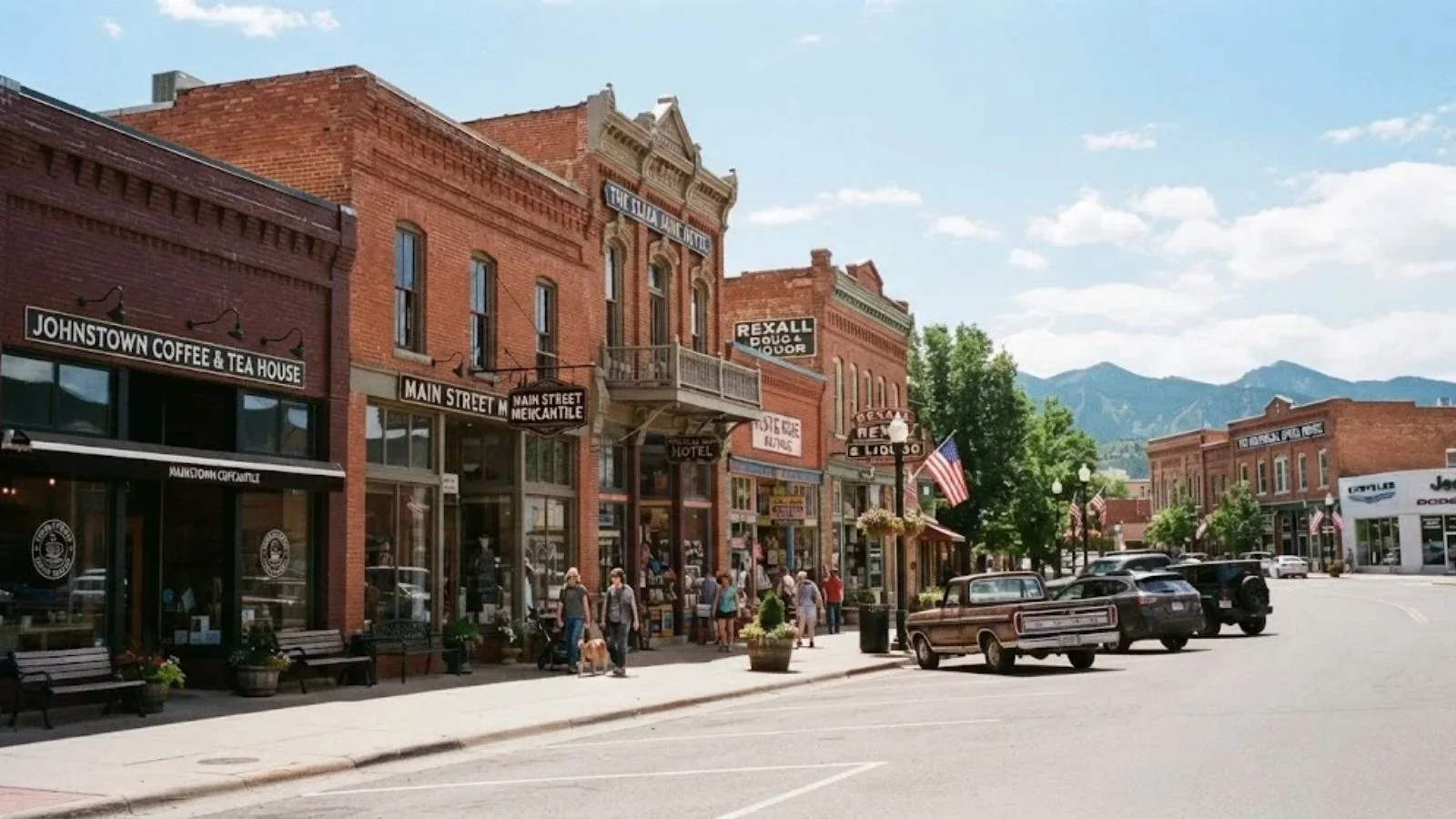 Brick storefronts and a coffee shop along a small-town main street
