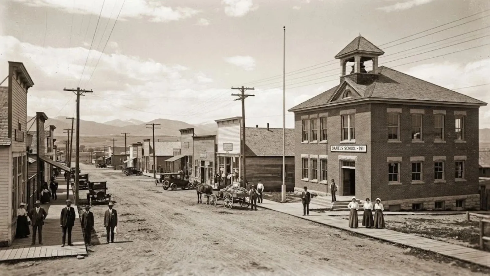 Historic photograph of a two-story school building on a dirt street