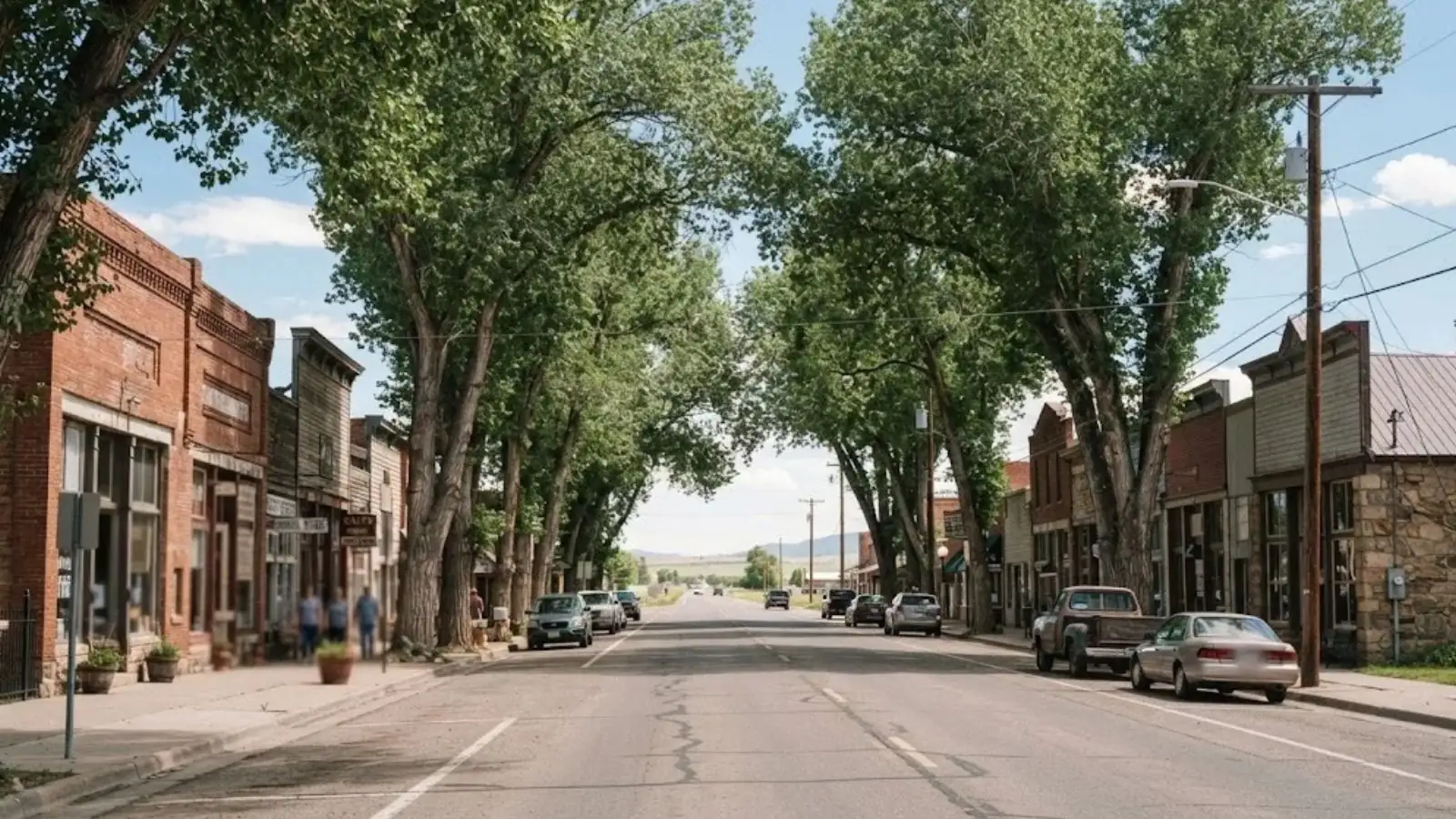 Tree-lined main street with brick storefronts and parked cars