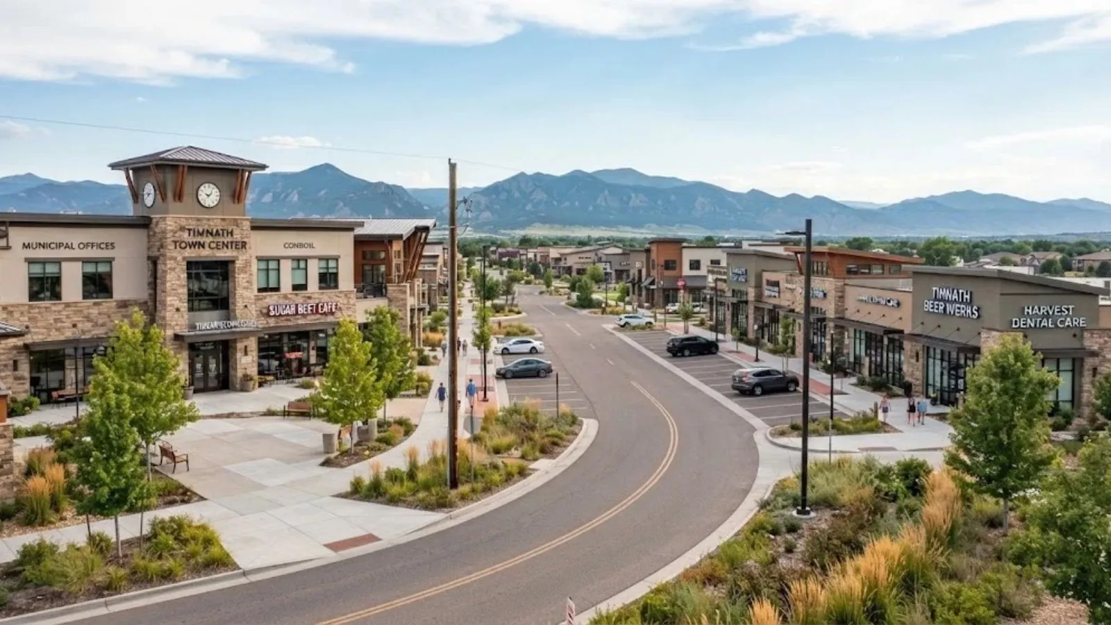 Town center street with a clock tower building and mountains in the distance