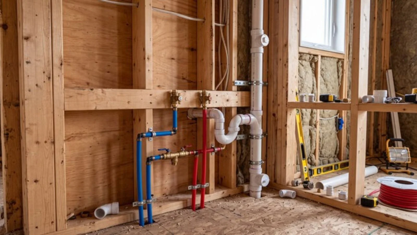 Open wall framing with new blue and red PEX supply lines and drain piping