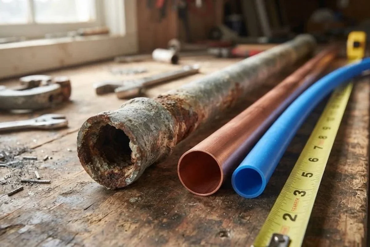 Corroded old pipe beside new copper and blue PEX pipe on a workbench