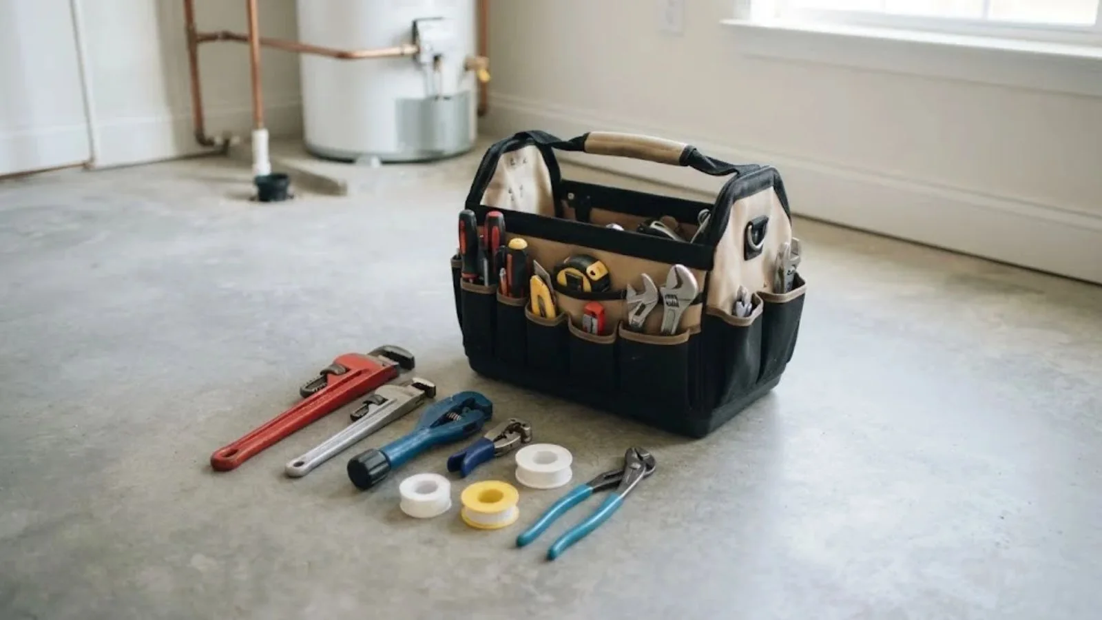 Pipe wrenches, tape and pliers laid out beside an open tool bag
