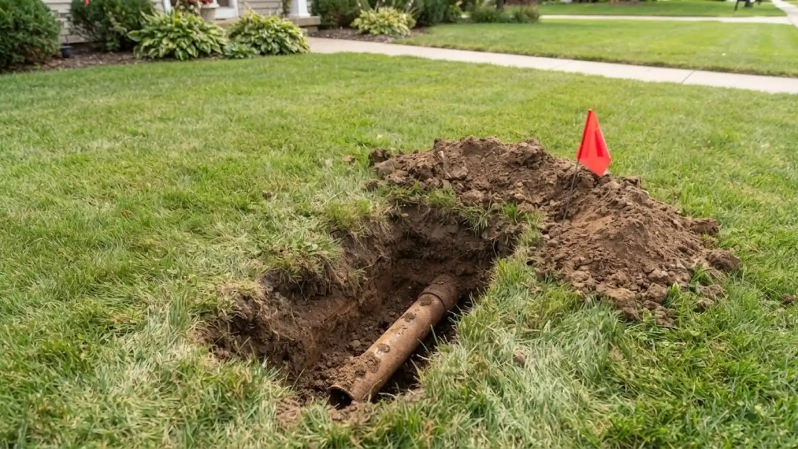 Small excavation in a lawn exposing a buried pipe, with an orange marker flag