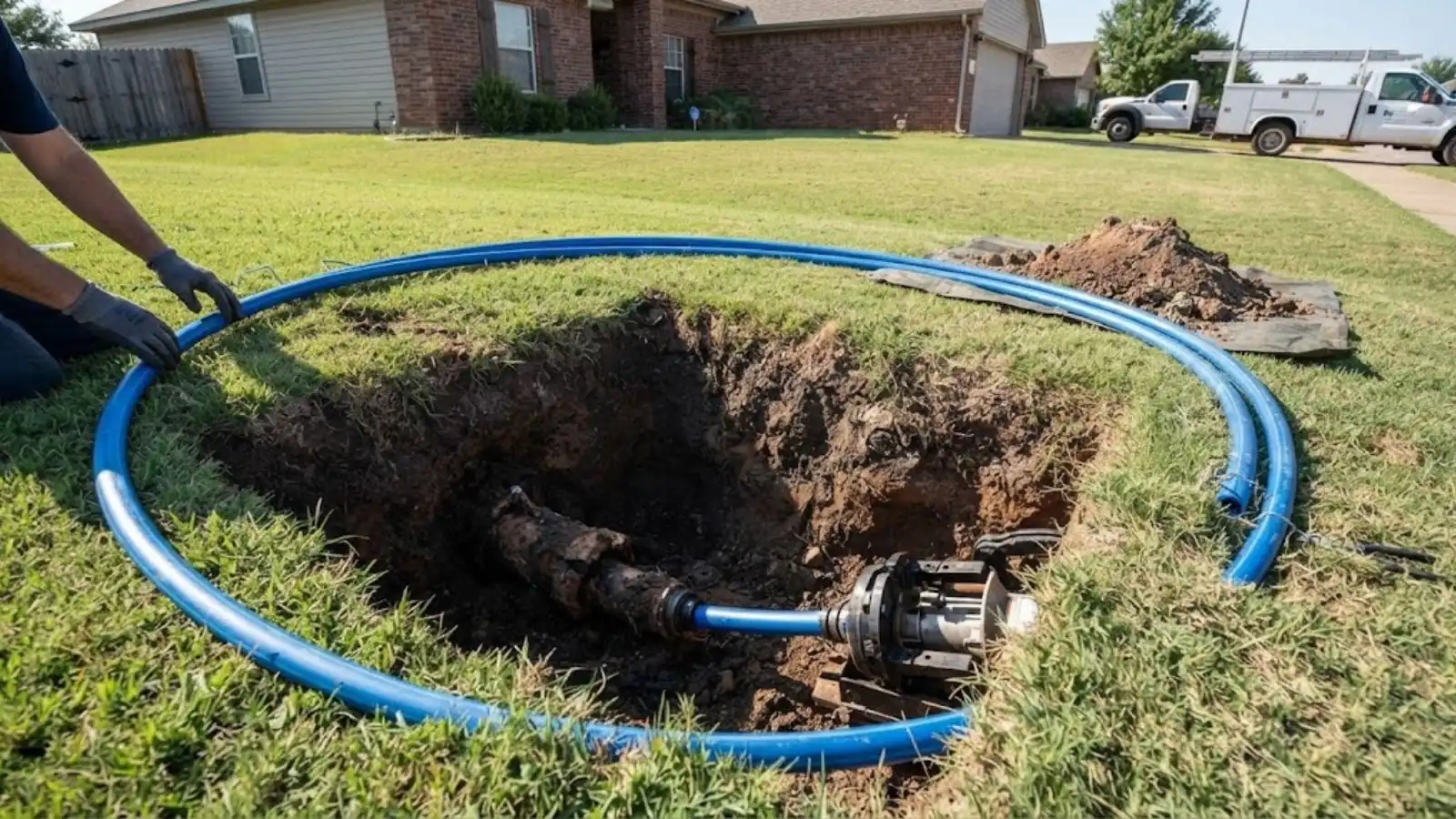 Excavation pit in a lawn with blue replacement pipe coiled around it