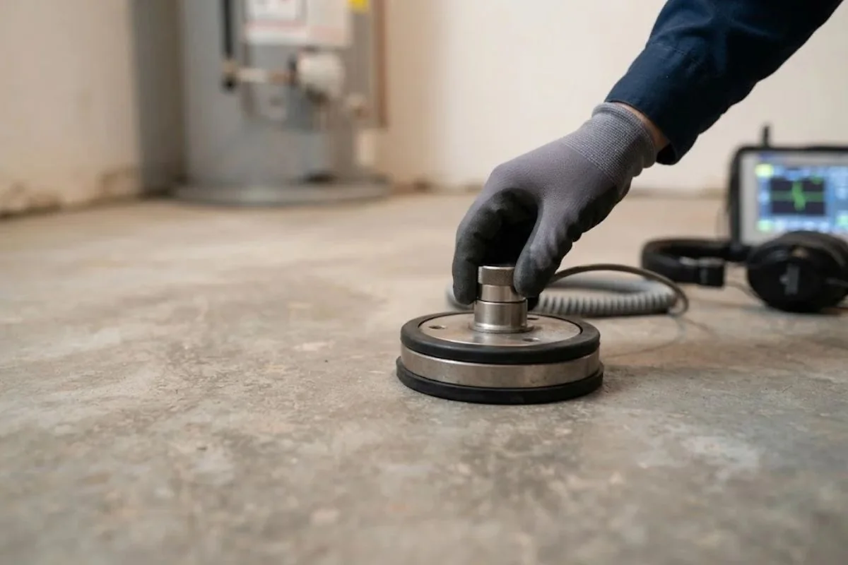 Gloved hand placing an acoustic sensor on a concrete floor