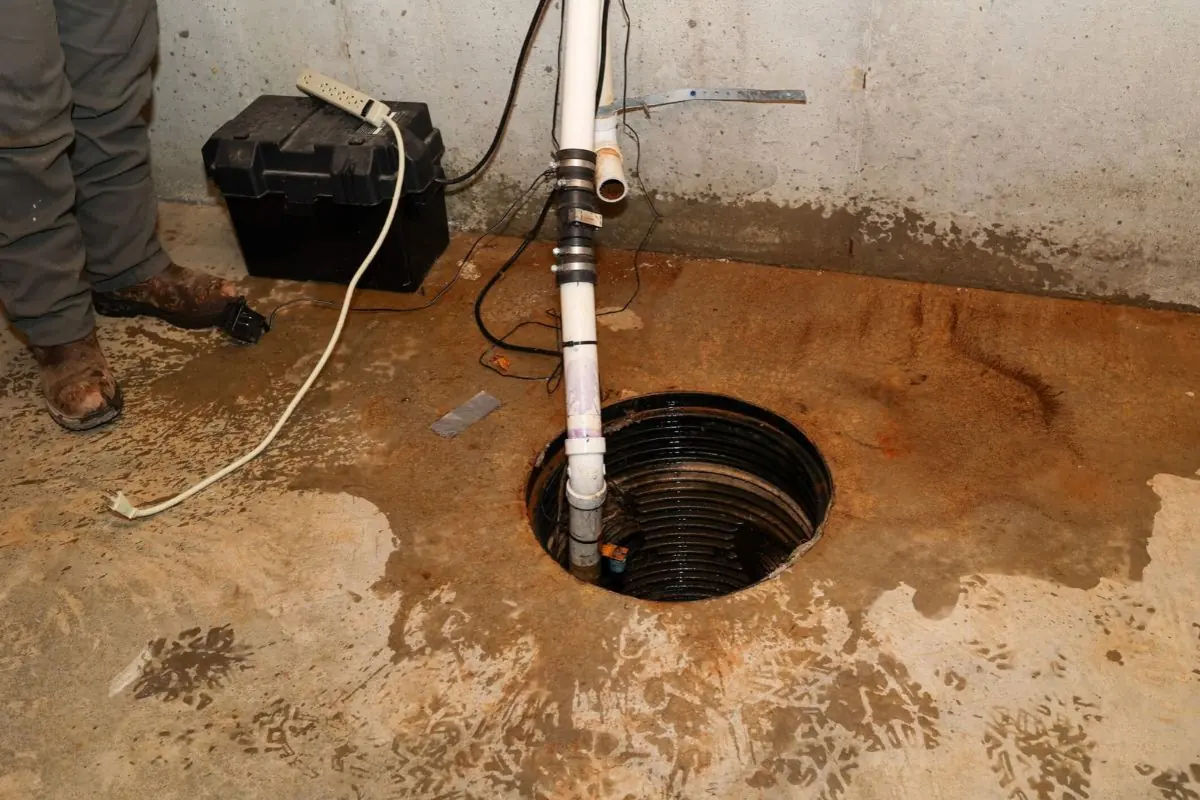 Sump pit with a pump, a discharge pipe and a battery box beside it