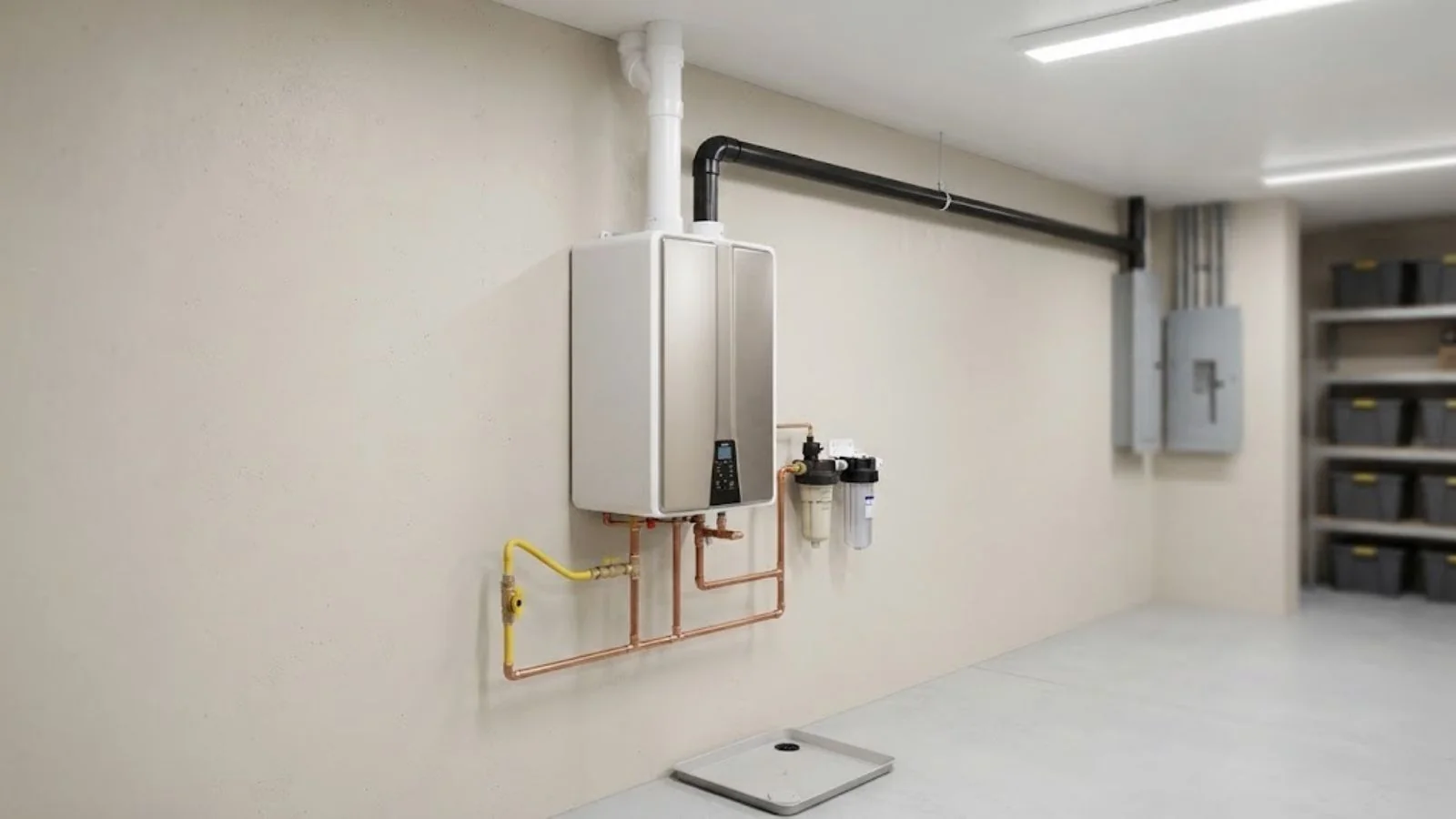 Wall-mounted tankless water heater with vent and gas line in a clean utility room