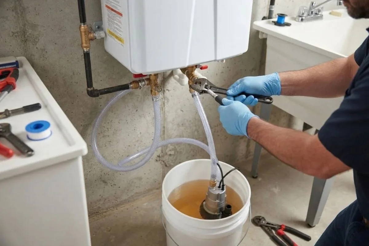 Hoses and a small pump connected to a tankless heater's service valves for descaling