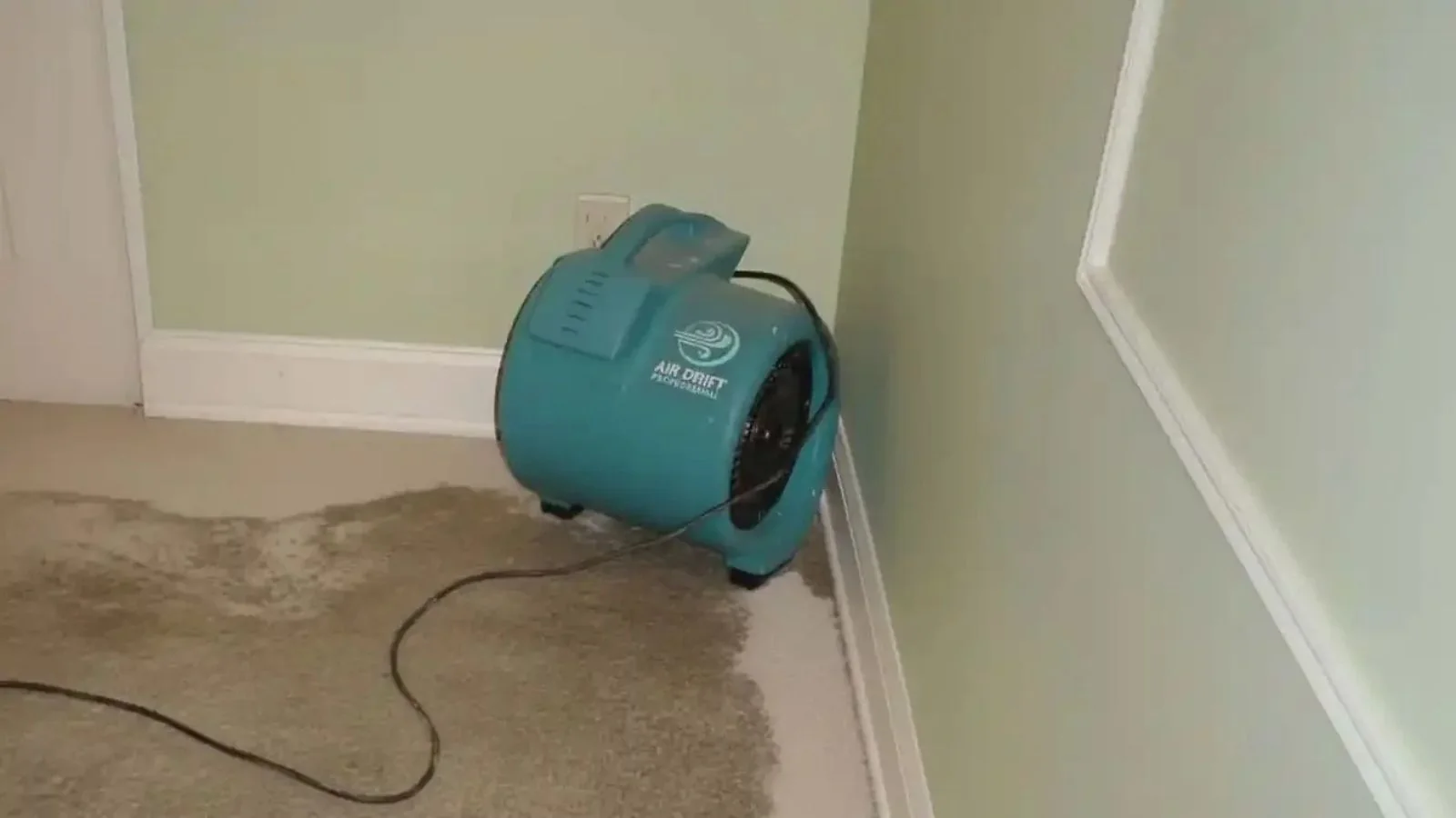 Air mover on the floor of a room with a wet patch beside the baseboard