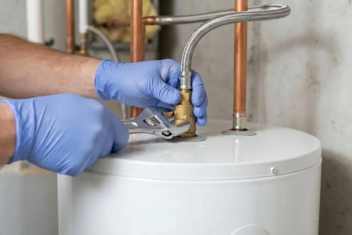 Gloved hands tightening a fitting on top of a new water heater