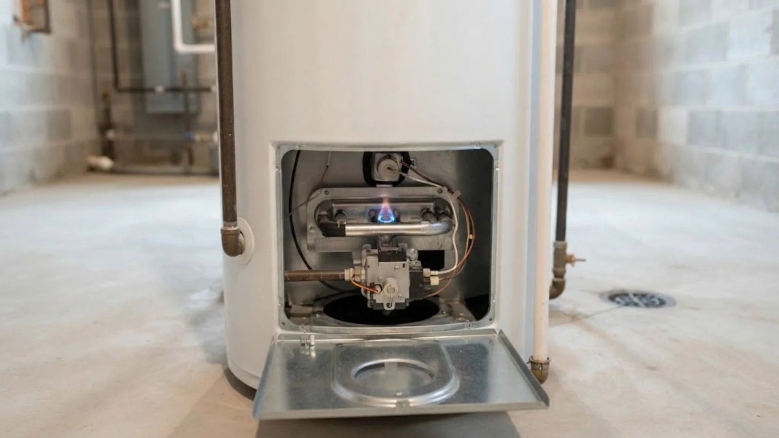 Gas water heater with its access panel open showing the burner