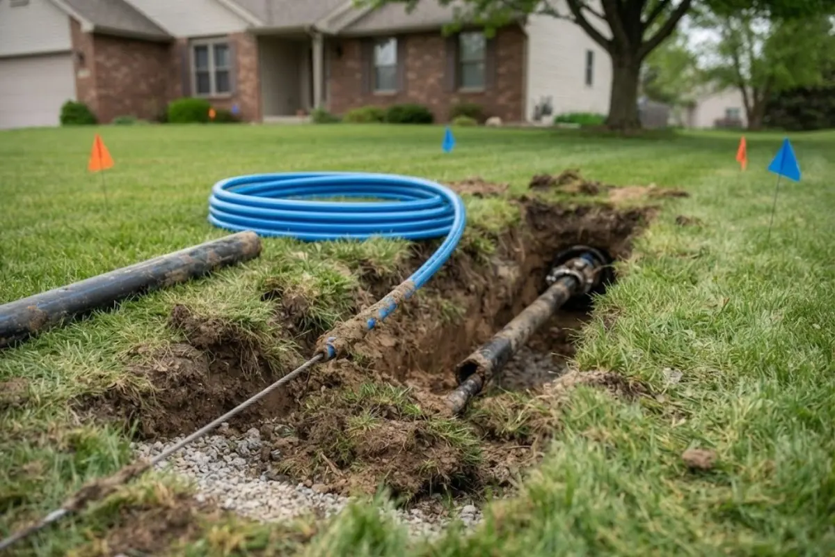 Excavation in a lawn exposing an old service line with new blue pipe beside it
