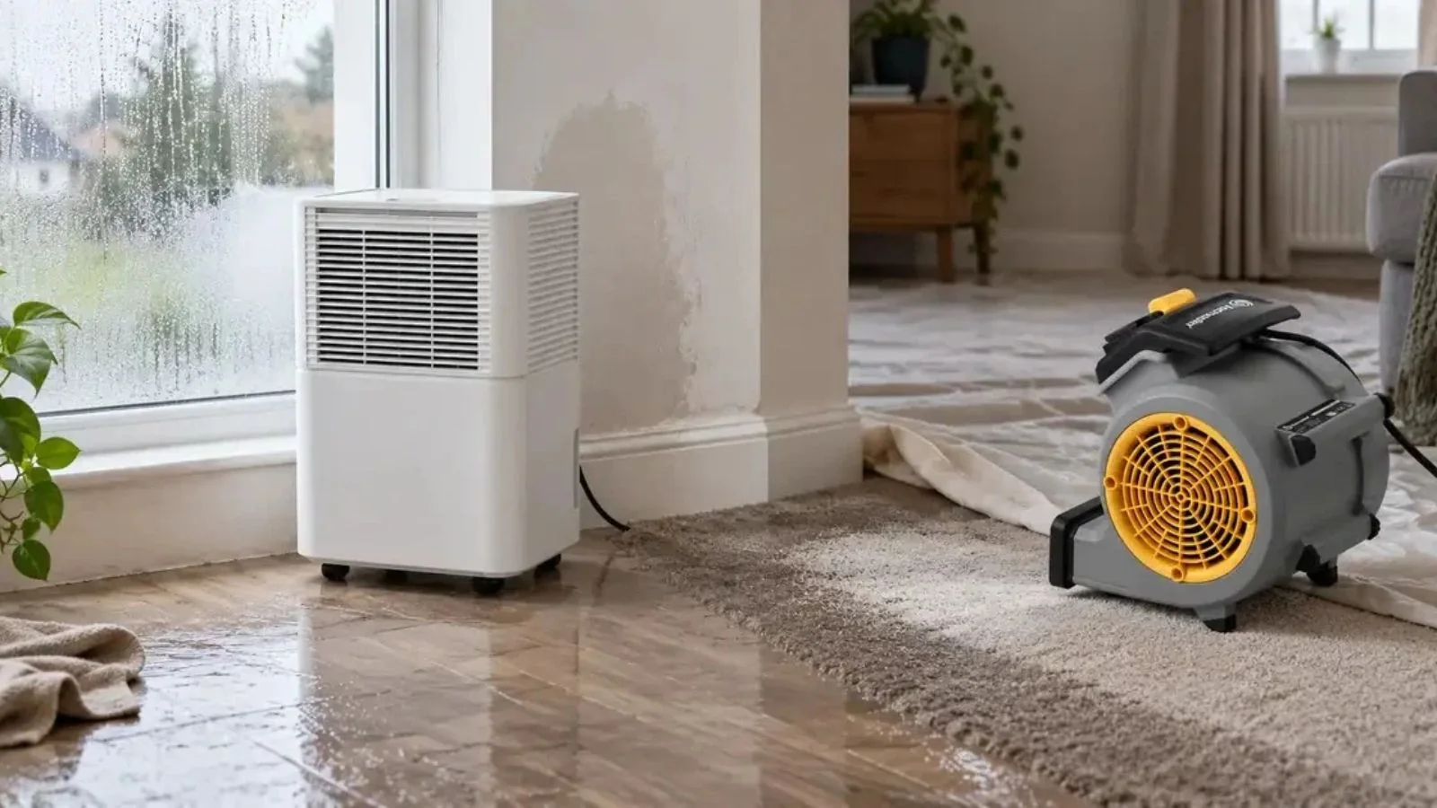 Dehumidifier and air mover running on a wet hardwood floor