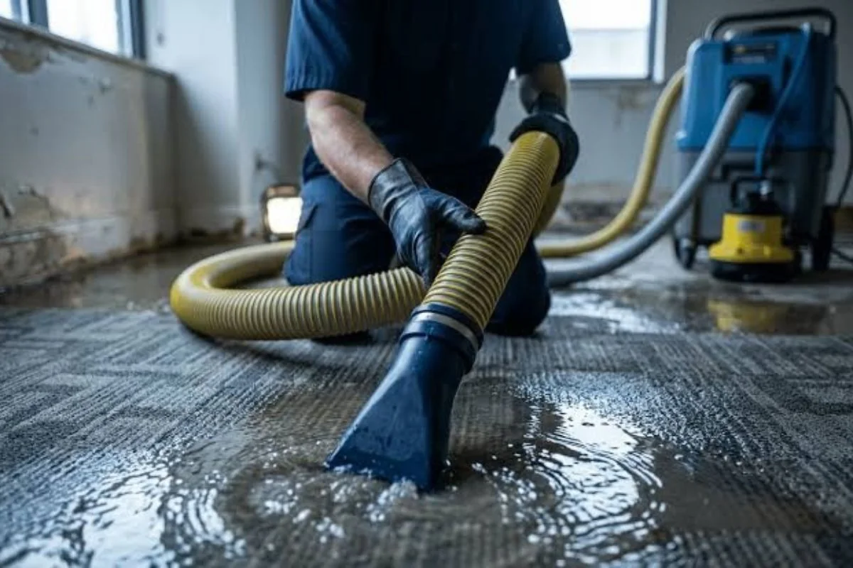 Technician using a wet vacuum wand on a flooded carpet