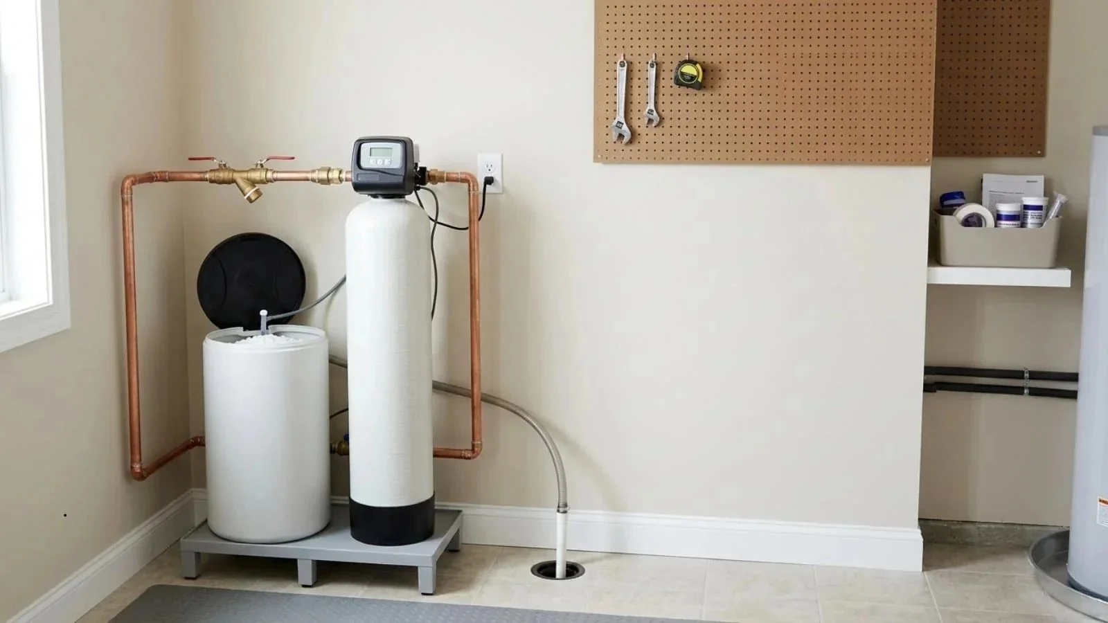 Water softener and brine tank in a utility room with copper piping and a floor drain